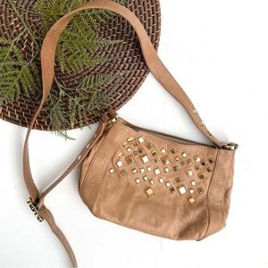Treesje Womens Purse Crosbody Tan Gold Studded Adjustable Straps